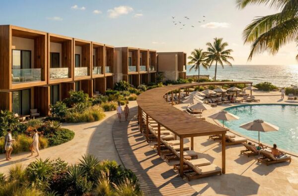 Resort complex with wooden balconies, palm trees, and a curved deck around a pool overlooking the ocean.