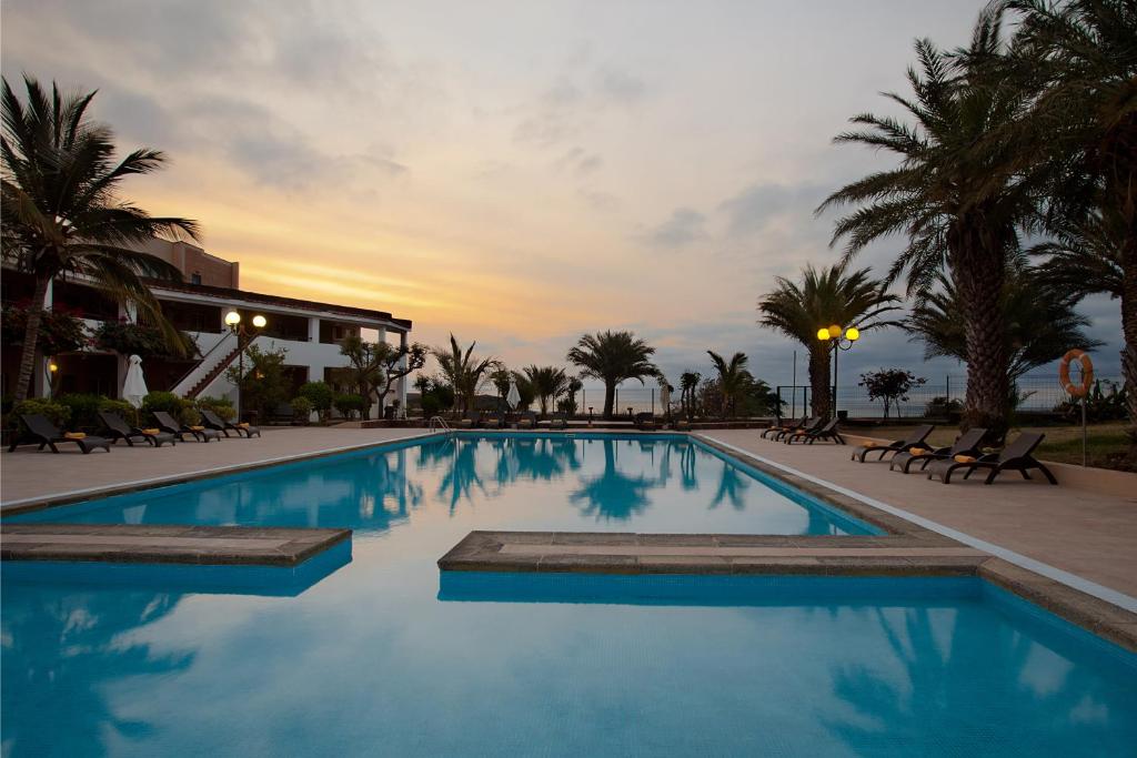 Resort pool at sunset, palm trees along the deck with lounge chairs, calm blue water reflecting the sky.