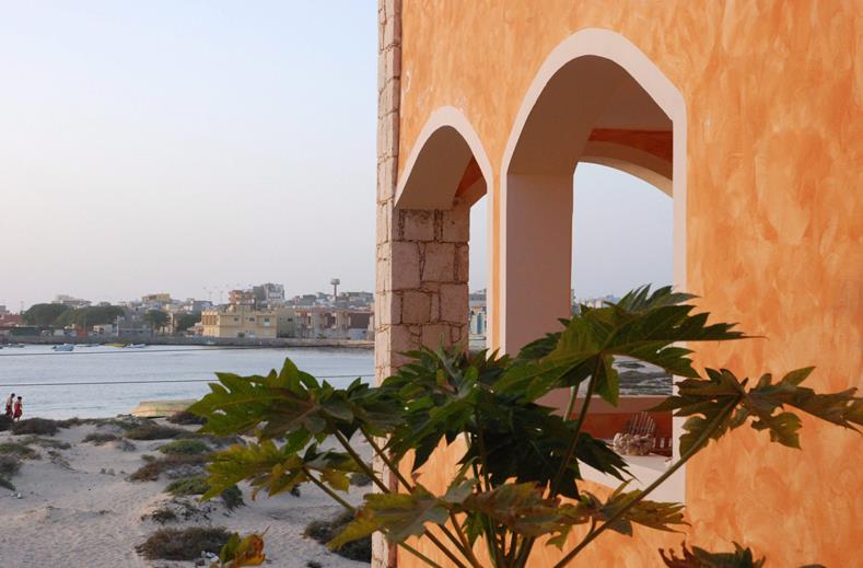 Orange stucco wall with arched openings overlooking a seaside town and water in the background, plant in foreground.