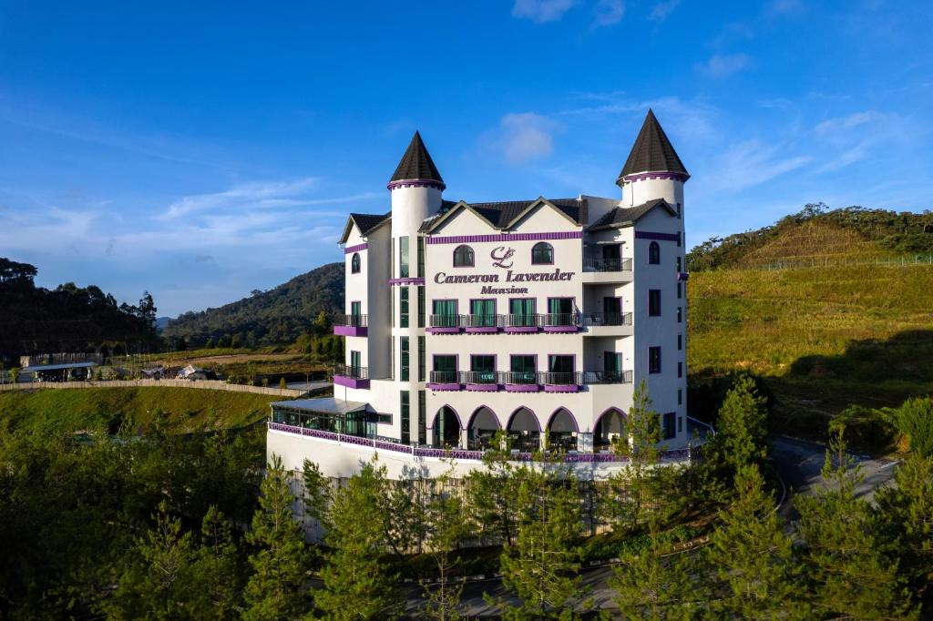 Castle-style white hotel with purple trim and twin towers, Cameron Lavender Mansion, on a sunny hillside. (Informative)