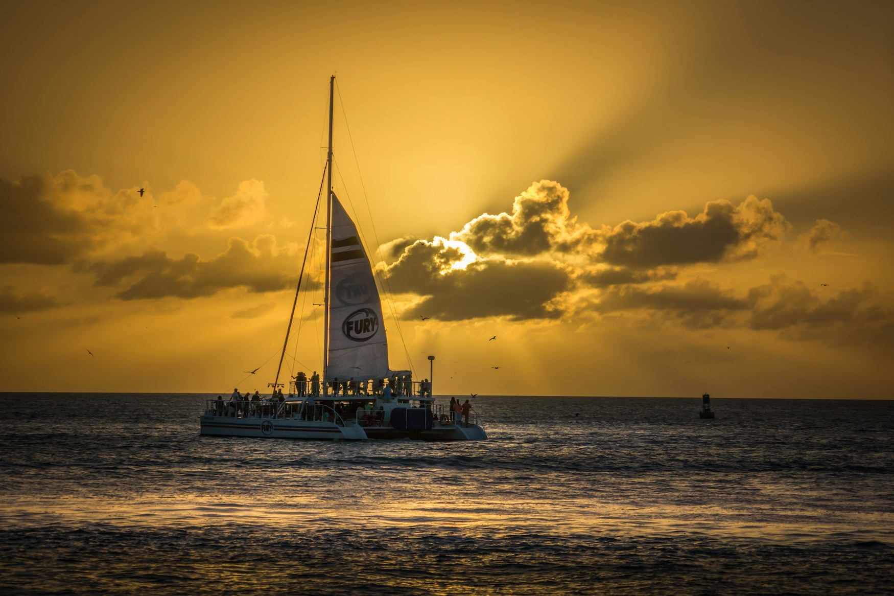 Catamaran bij zonsondergang