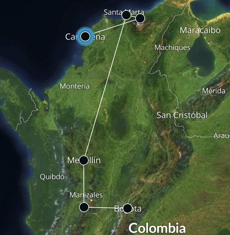 Colombia reisroute 21 dagen 3 weken kaart route