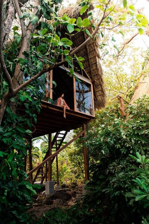 Treehouse on stilts with a thatched roof, a person leaning from an open window amid dense tropical foliage.