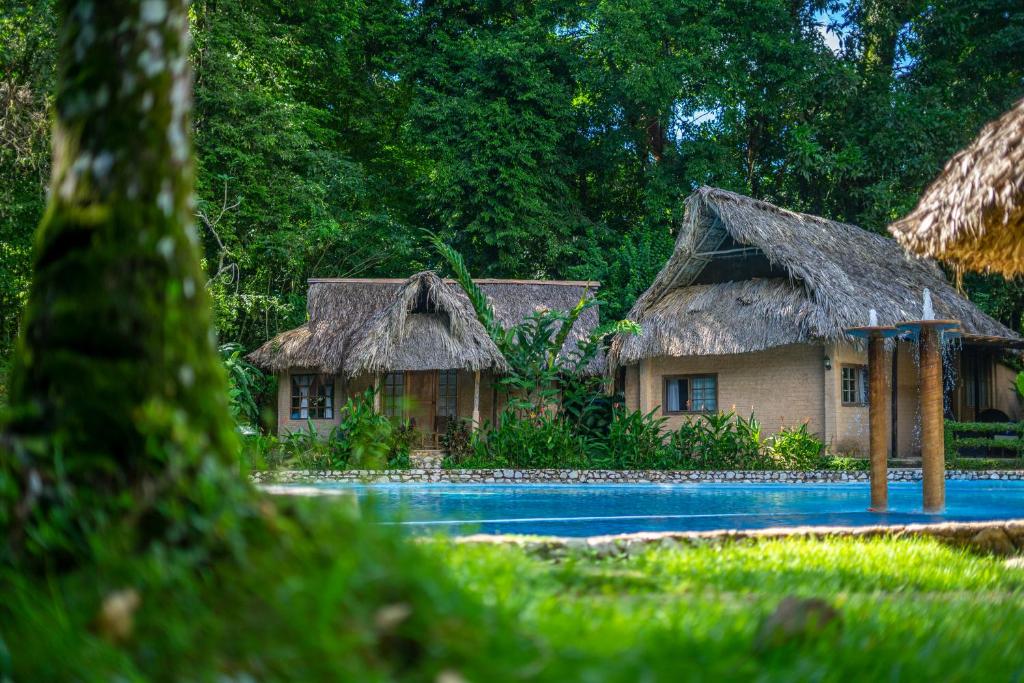 Thatched-roof bungalows by a blue swimming pool, surrounded by tropical greenery and trees in a resort setting