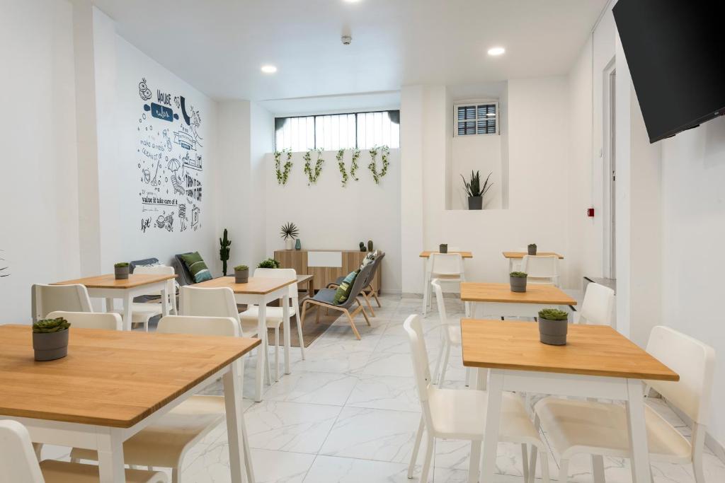 Bright minimalist cafe dining area with white walls, wooden tables, white chairs, and small potted plants on each table.