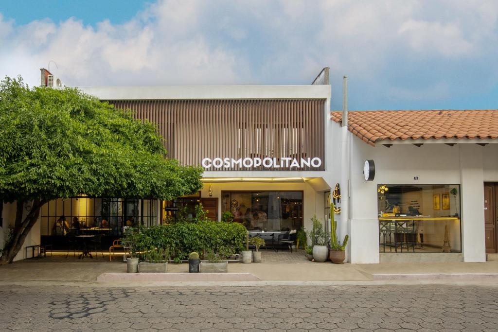 Cosmopol ITANO cafe storefront with glass doors, outdoor seating, and potted plants.
