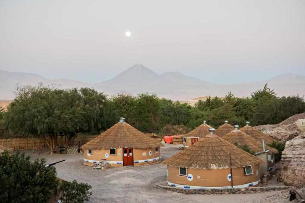 Desert village with circular thatched-roof huts, trees, and a distant mountain range under a pale sky with a visible moon.