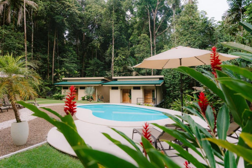 Circular pool in a tropical garden with a small beige building in the background and a white patio umbrella nearby.