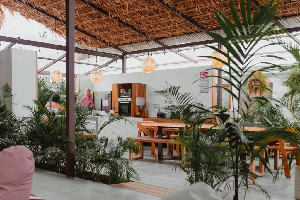 Tropical-themed cafe with wooden picnic tables, hanging lights, and abundant green plants under a thatched roof occupancy in background.