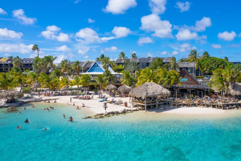 Turquoise sea and white-sand beach at a tropical resort with palm trees and thatched-roof huts.