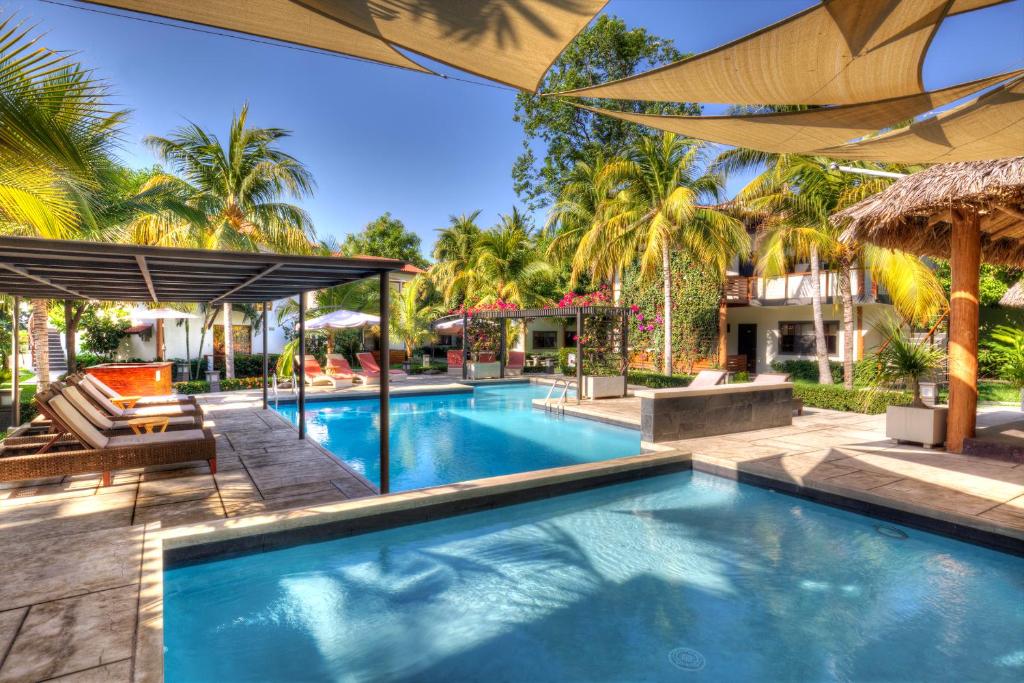 Tropical resort pool area with palm trees, sun loungers, and beige shade sails overhead.