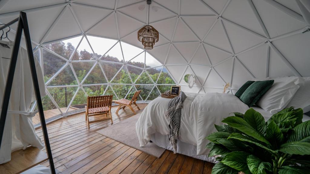 Geodesic-dome bedroom with white bedding, wicker pendant light, and a wooden balcony with two chairs overlooking green hills.