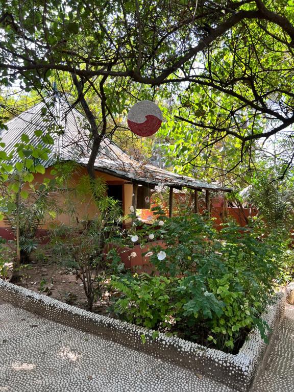 Small rustic cottage with a tiled roof, surrounded by lush greenery and a pebble pathway bordered by a white pebble wall, under a leafy tree with a circular red-and-white lantern hanging above.