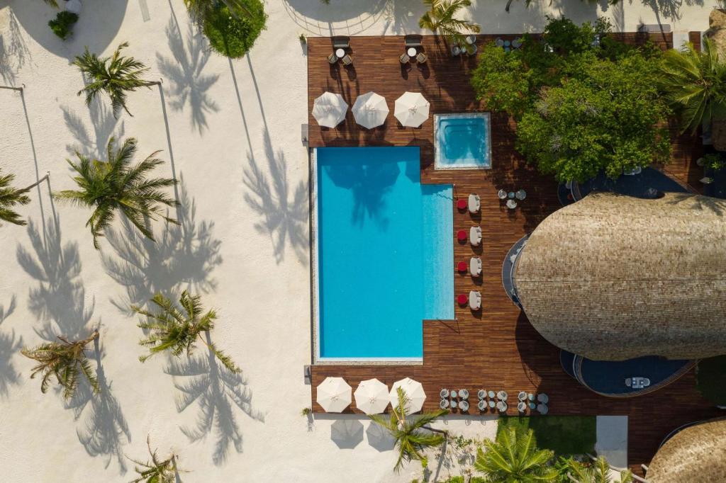 Aerial view of a resort pool on a wooden deck with lounge chairs, umbrellas, and a thatched building amid palm trees and white sand.