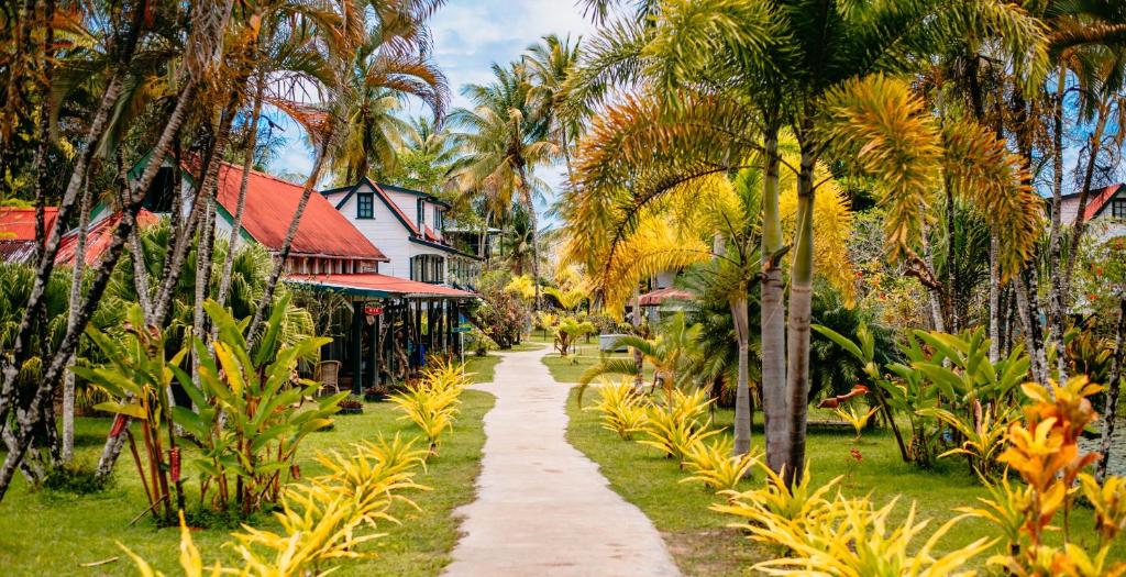 Path through a tropical garden toward red-roofed cottages in a resort setting.