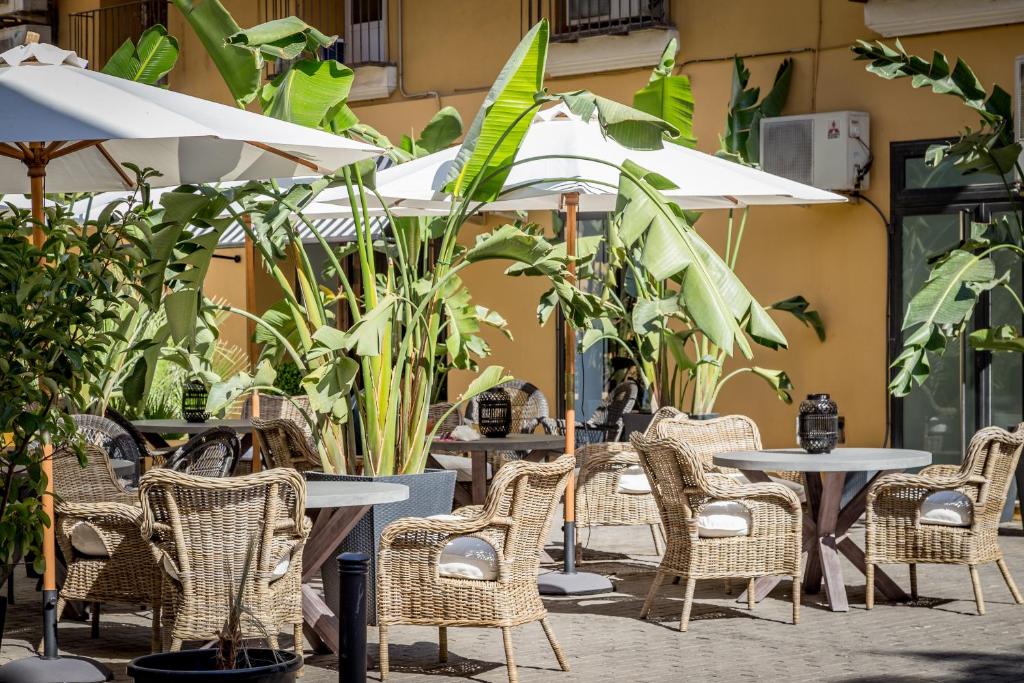 Outdoor cafe with wicker chairs around round tables under white umbrellas, surrounded by banana plants in a sunny courtyard.