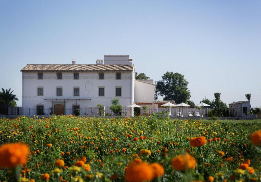 White two-story building with tile roof overlooking a field of orange flowers under a clear blue sky, with outdoor seating area to the right.