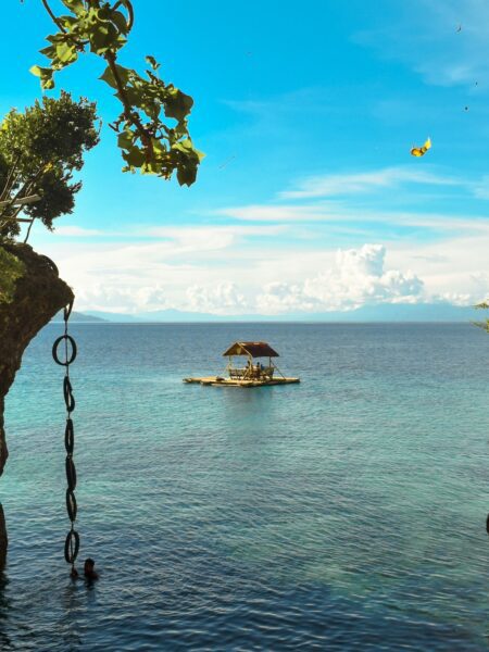 Tropical shoreline with clear turquoise water and a bamboo raft house in the distance, seen from a rocky cliff with hanging chain ladder on the left.
