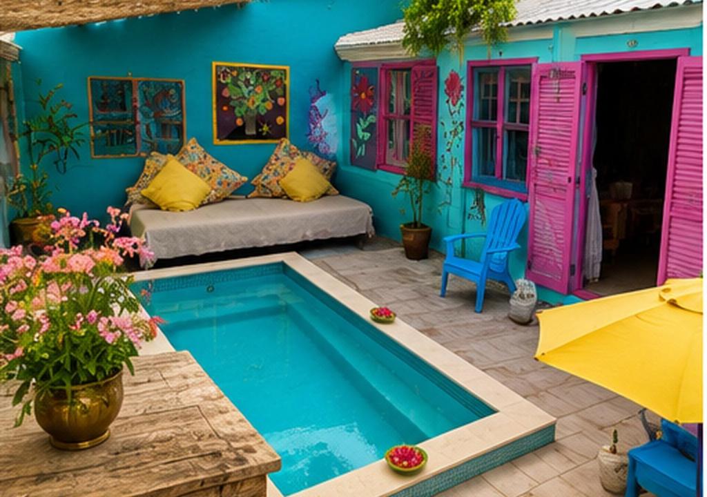 Bright tropical courtyard with a small rectangular pool, turquoise walls, colorful cushions, and pink shutters/doors; plants and murals surround the area.