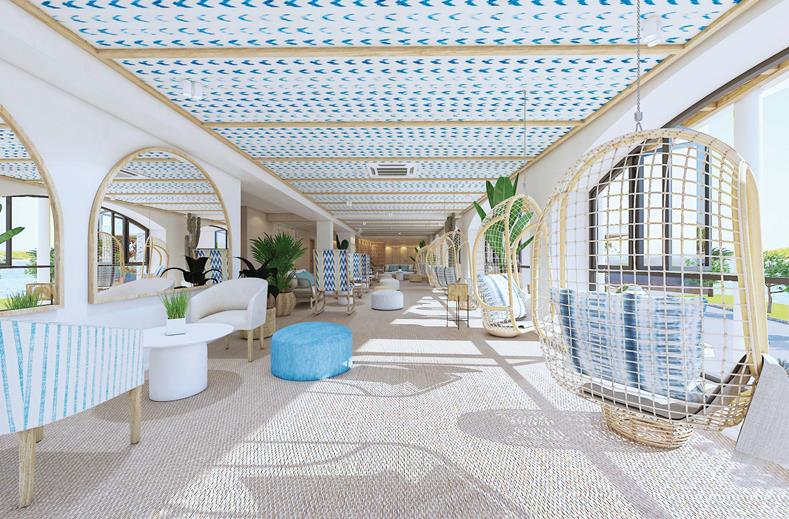 Sunny modern lounge with hanging wicker chairs, blue cushions, and potted plants along a long corridor.