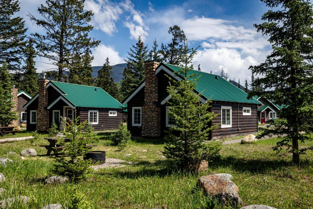 Log cabins with green metal roofs and stone chimneys in a grassy clearing among pine trees under a blue sky in a mountain setting
