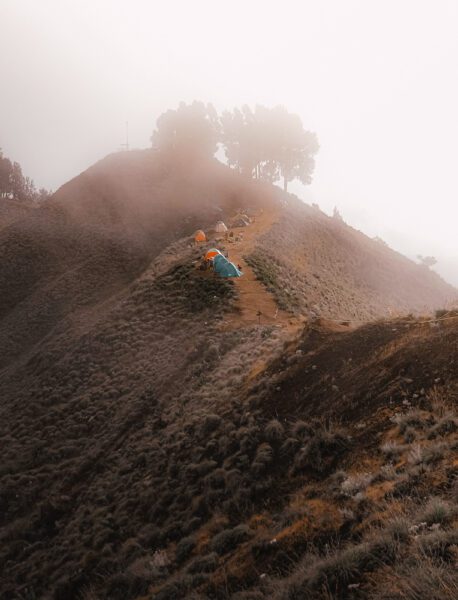Tents set up on a foggy mountain ridge with a dirt path winding along the hill and trees in the background.