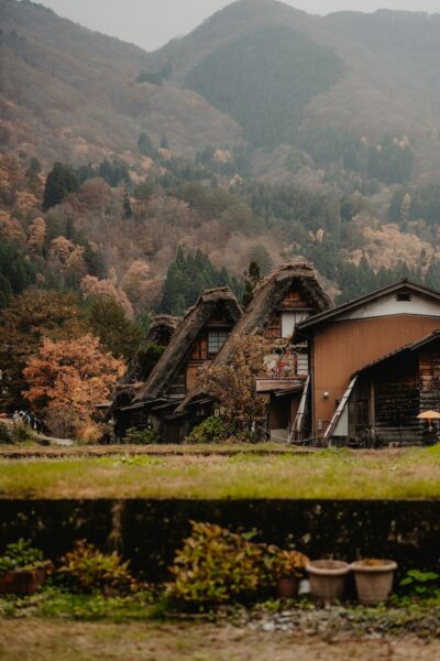 Traditional thatched-roof houses in a rural village surrounded by autumn trees and forested mountains in the background, during fall season.