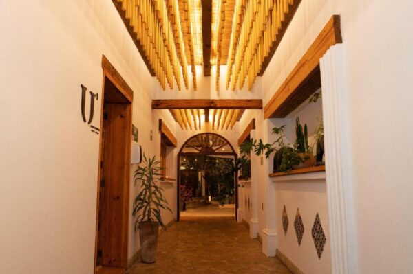 Warm, rustic hallway with wooden ceiling beams, potted plants, and decorative tiles leading to an arched doorway.