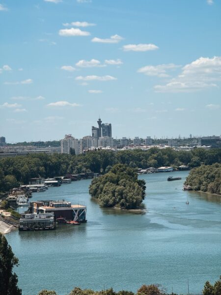 Wide river with trees along the banks and a distant city skyline under a blue sky with scattered clouds.