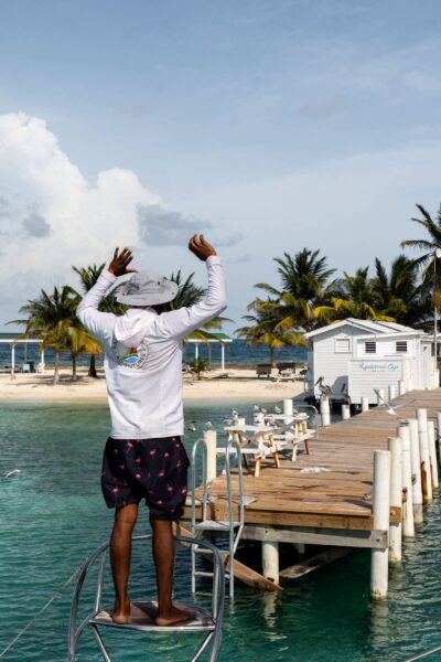 aankomst op Rendezvous Caye