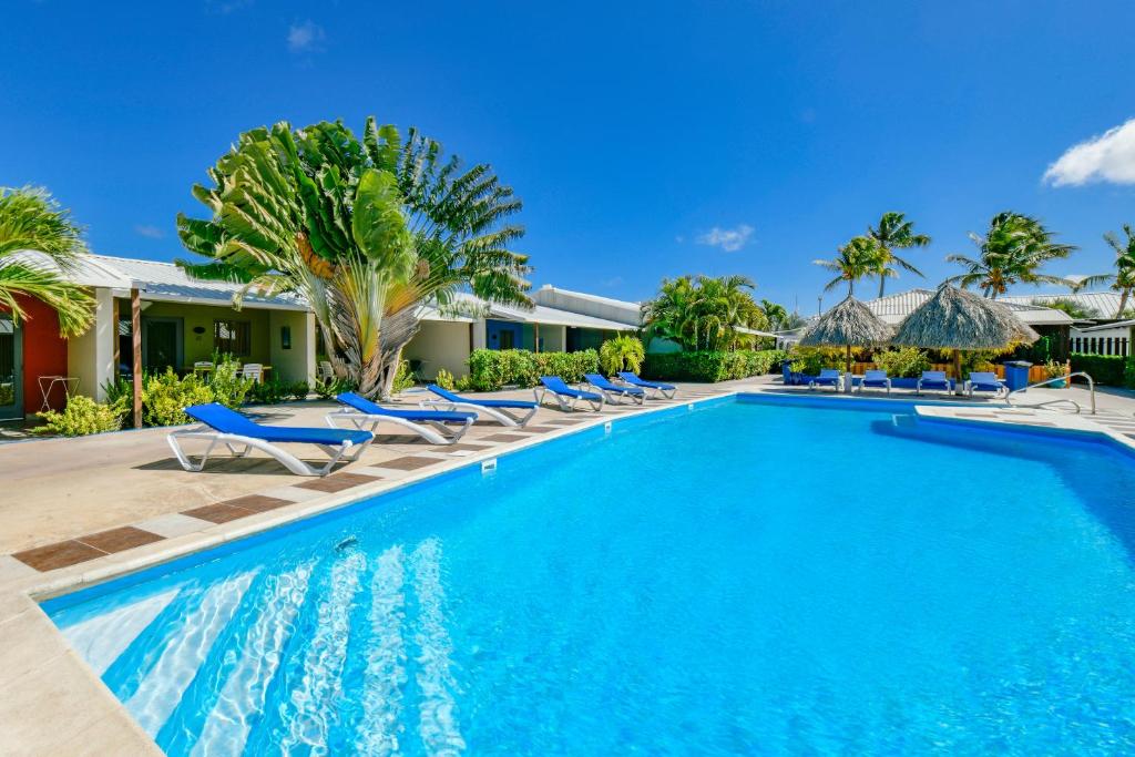 Blue swimming pool surrounded by blue lounge chairs, palm trees, and thatched umbrellas at a sunny resort.