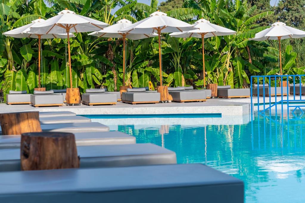 Poolside seating with gray cushioned sunbeds and white umbrellas beside a turquoise pool, tropical plants in the background.