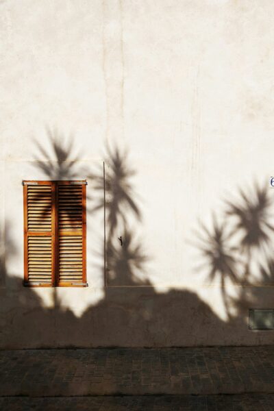 Beige exterior wall with a wooden shuttered window on the left, palm tree shadows across the wall, and a cobblestone sidewalk in front.