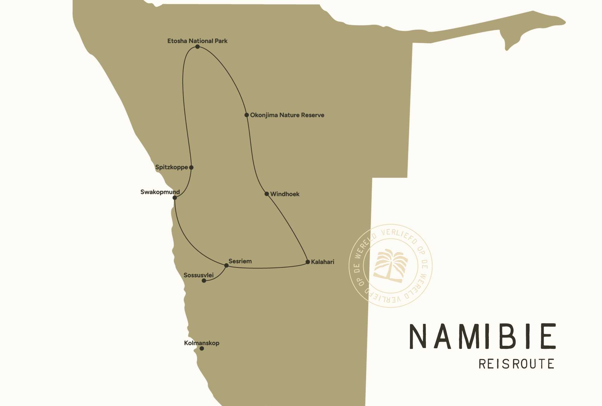 Map snippet showing an Arched travel route through Etosha National Park in Namibia with labeled stop points (Spitzkoppe, Swakopmund, Sesriem, Kalahari) and Okonjima Nature Reserve.