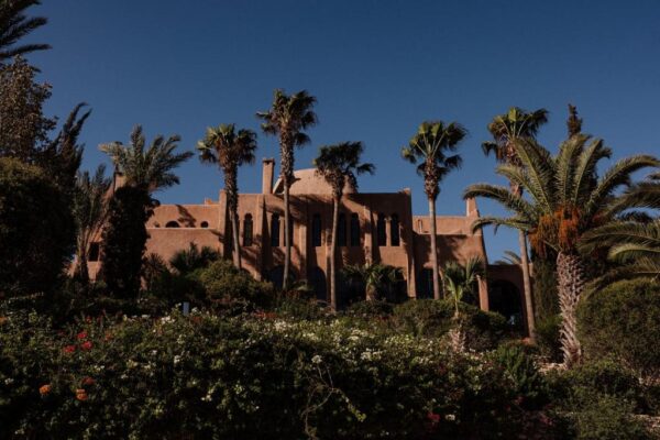 Adobe-style villa with tall palm trees and a flowering garden against a clear blue sky.