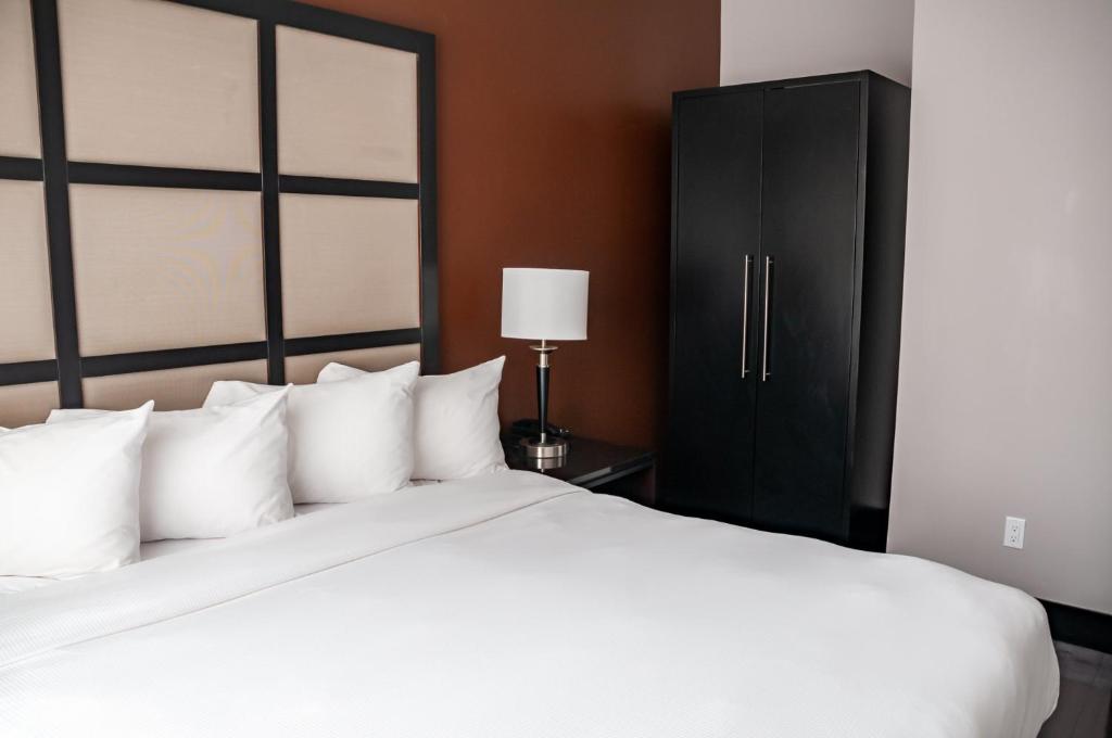 Hotel room with a large white bed, multiple pillows, a table lamp on the nightstand, and a tall black wardrobe against a brown accent wall.