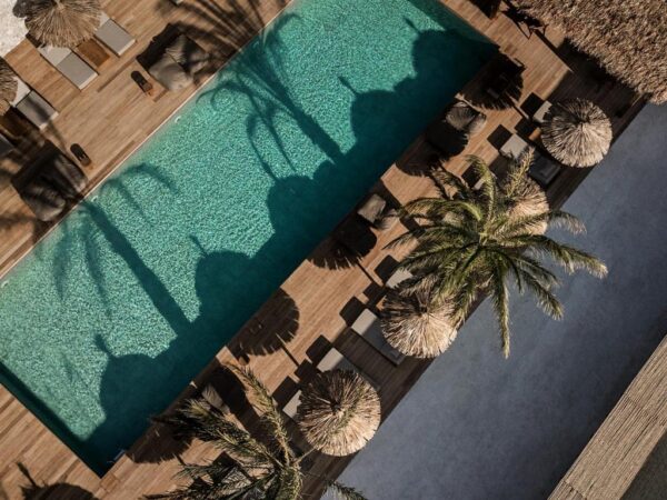 Aerial view of a turquoise rectangular pool bordered by a wooden deck, lounge chairs, and thatched umbrellas with palm trees nearby.