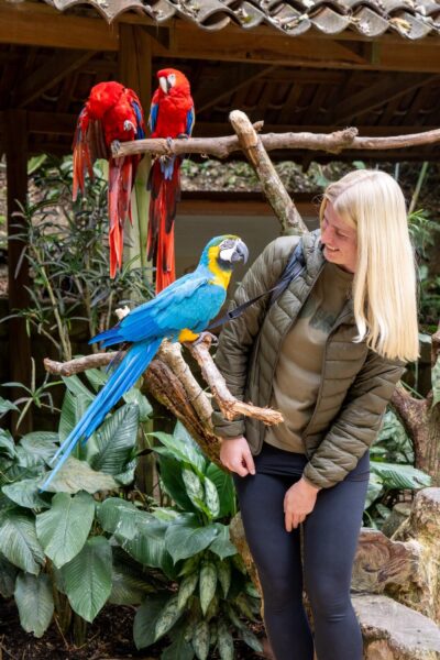 vrouw in Macaw Mountain Bird Sanctuary copan